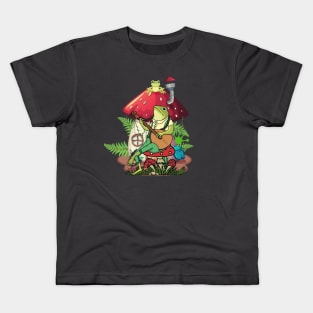 Frog sits on mushrooms and plays guitar, frog lover, mushrooms lovers Kids T-Shirt